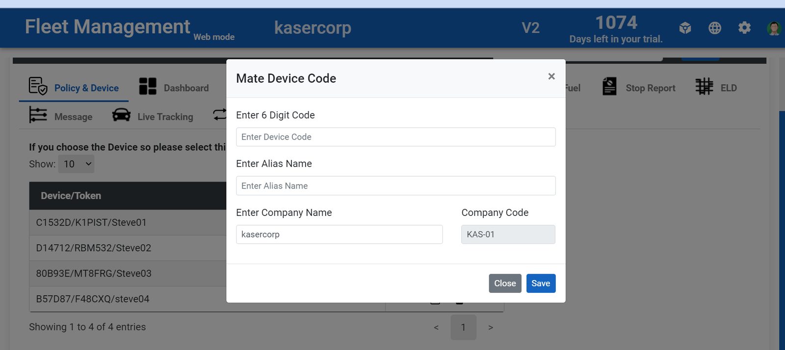 Device registration interface